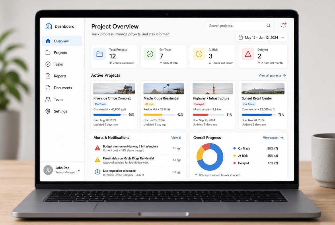 A laptop screen showing a project dashboard with several active projects and their status