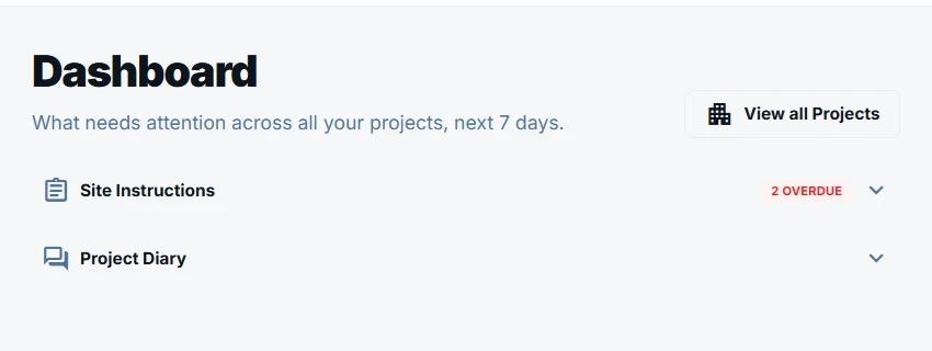 Subbie HQ project dashboard showing Site Instructions and project activity requiring attention