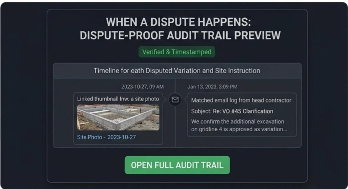 Subbie HQ dispute-proof audit trail showing a verified, timestamped timeline of a disputed variation