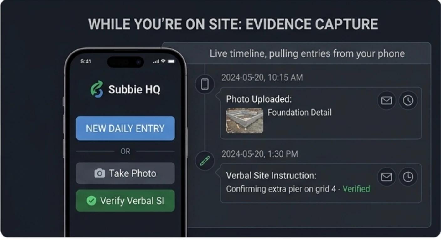 Subbie HQ mobile evidence capture screen with a live timeline of site activity