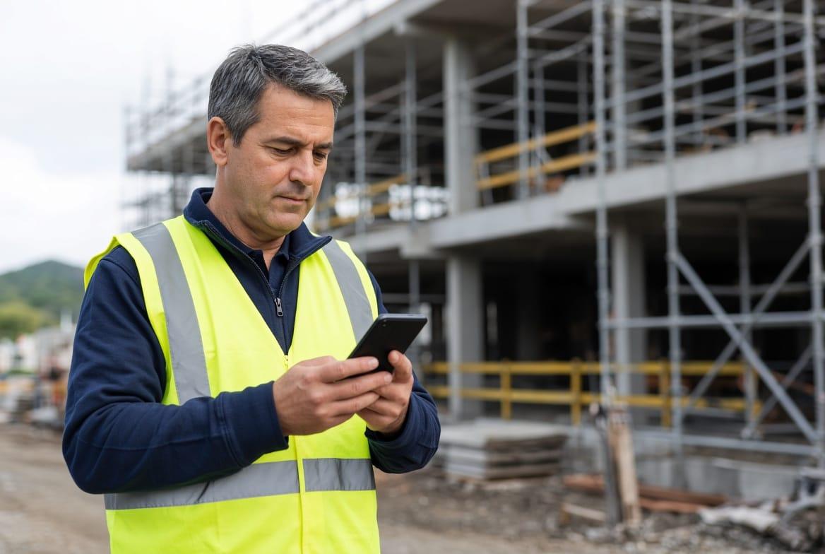 A construction site supervisor in a high-vis vest checking his phone on a building site