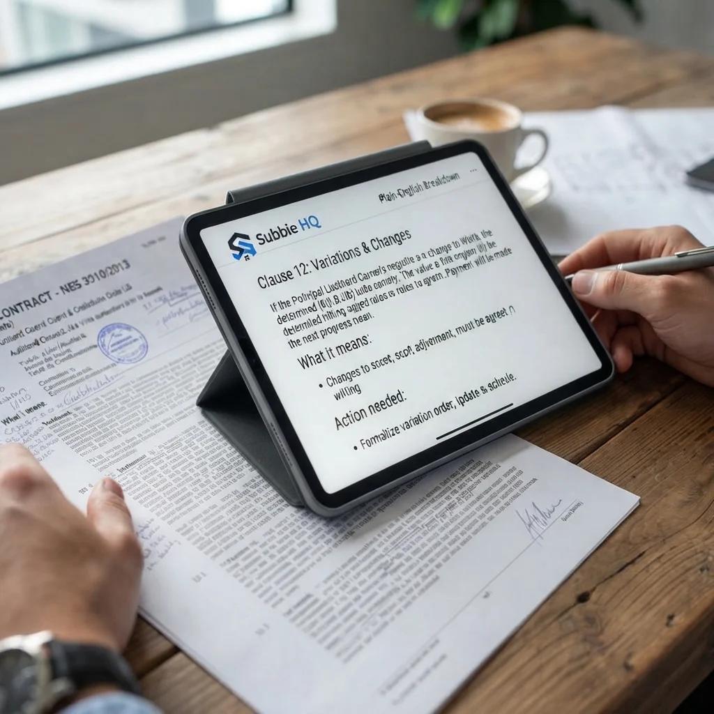 A hand holding a tablet showing a Subbie HQ plain-English breakdown of a subcontract clause