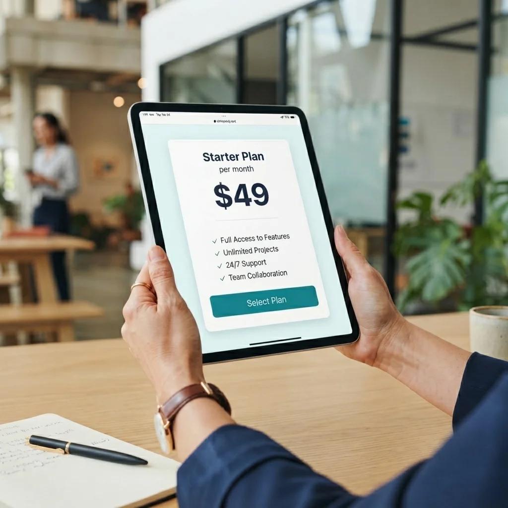 A hand holding a tablet showing a subscription plan with pricing and features