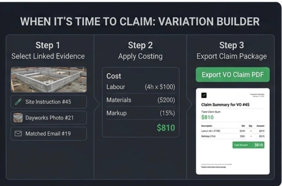 Subbie HQ Variation Builder showing three steps: select linked evidence, apply costing, and export the claim package